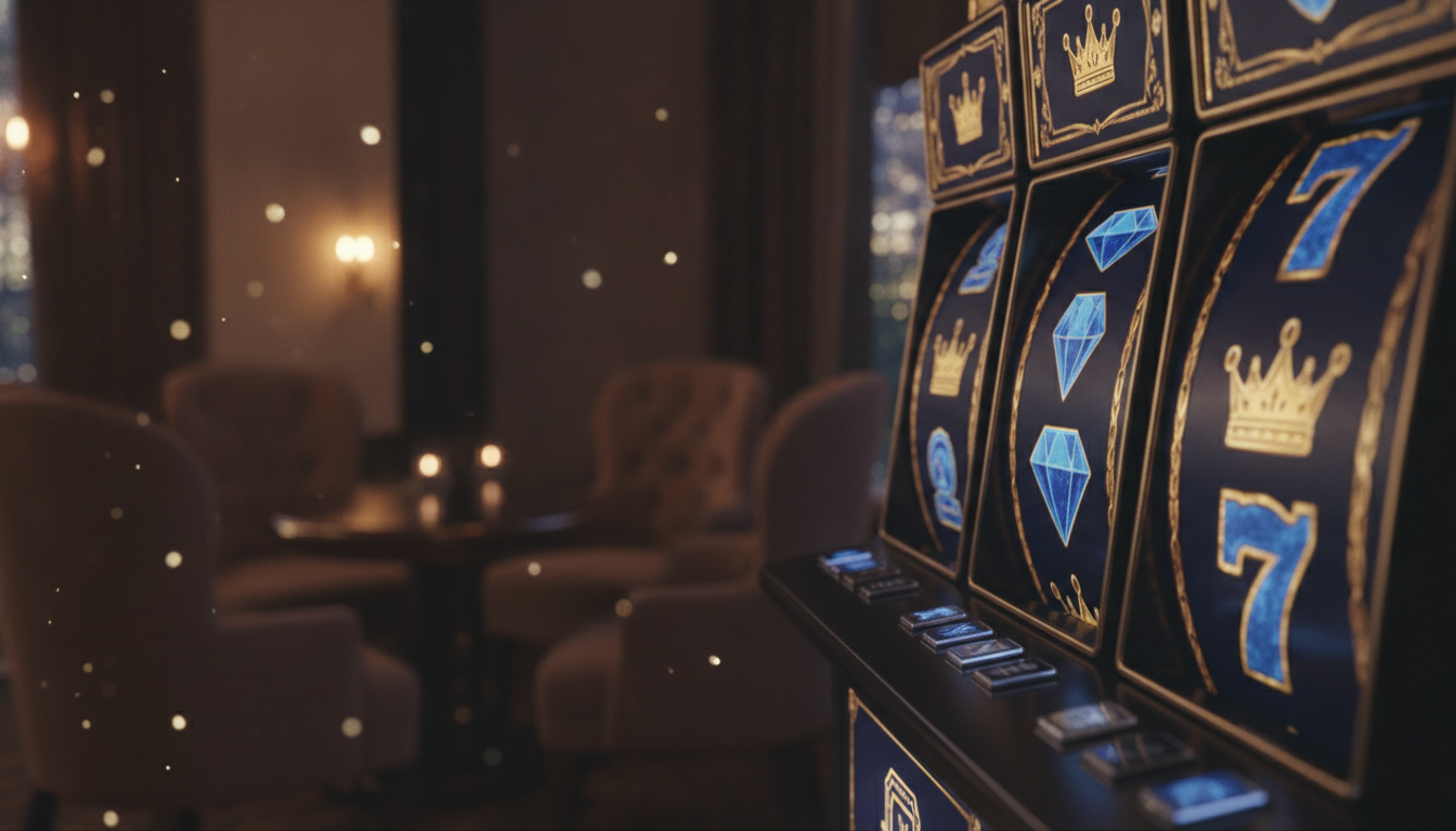 Stilvolle Online-Casino-Spielumgebung mit leuchtenden Slot-Walzen und goldenen Akzenten