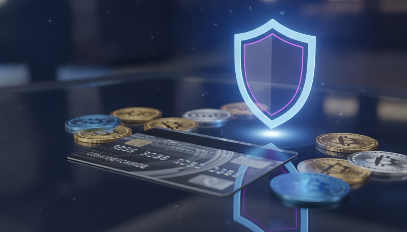 Sichere digitale Casino-Kasse mit Kreditkarten und Krypto-Münzen auf elegantem Hintergrund